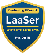 Shield badge reading Celebrating 10 Years, LaaSer, Saving Time Saving Lives, Est. 2015