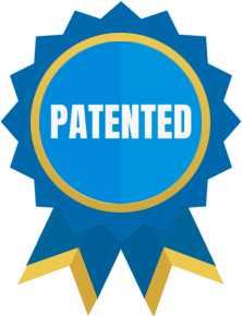 Blue rosette ribbon badge reading Patented