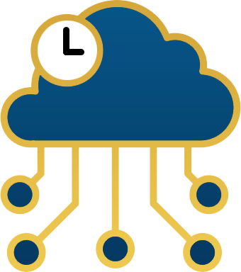 Cloud with a clock face, wired to a row of network nodes